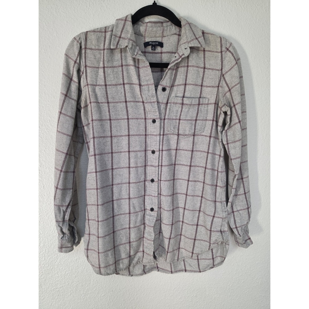 Madewell Plaid Flannel Shirt XS Collared Long Sleeve Grey Maroon Cotton Wool